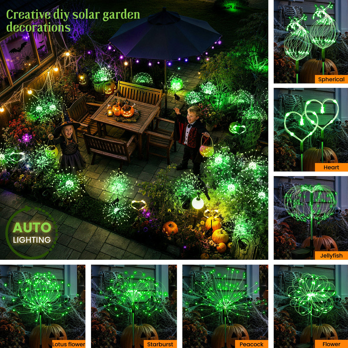 GIGALUMI Solar Firework Lights Outdoor, Halloween Decor, Green-2