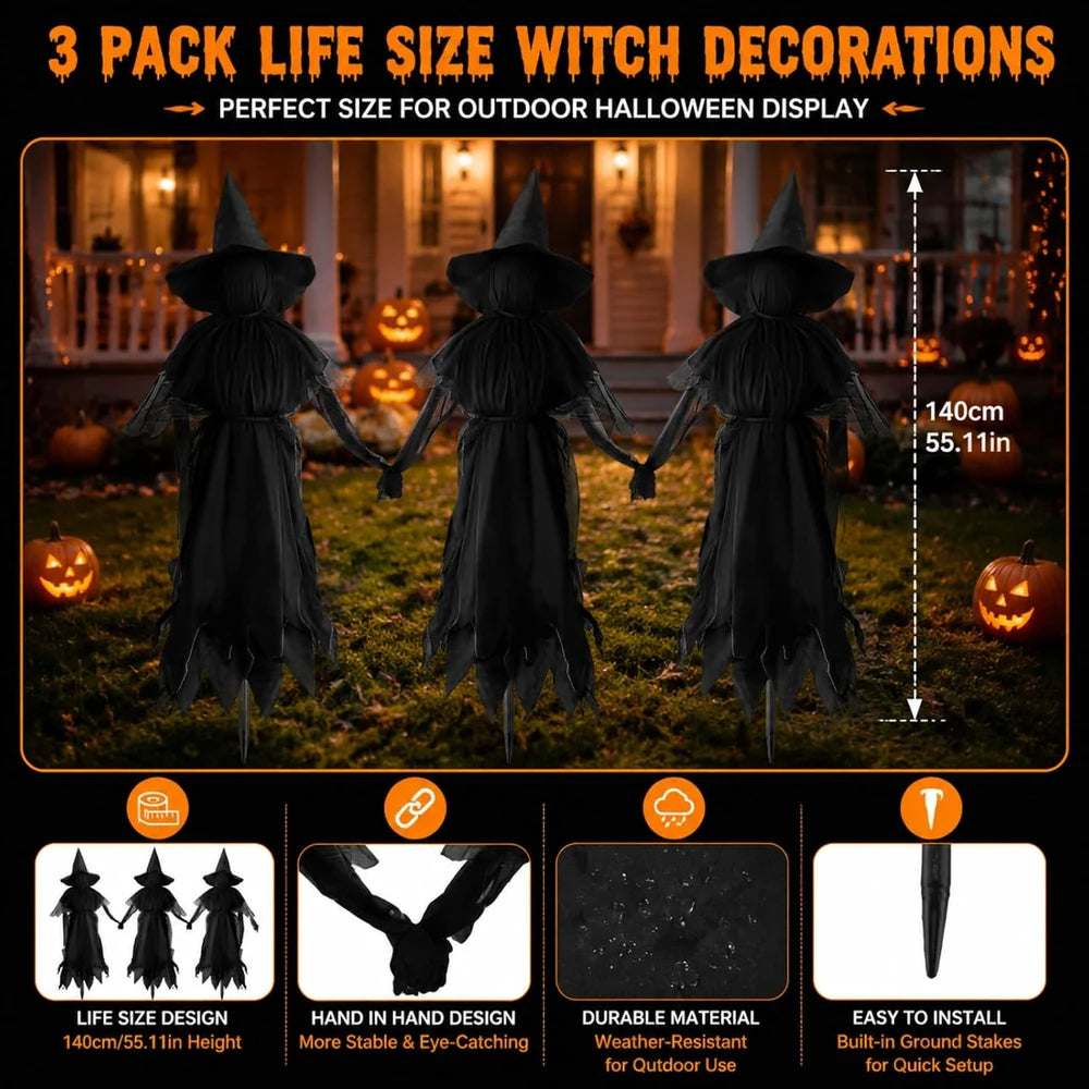 Set of Three Life Size Lighted Witch Lawn Decorations