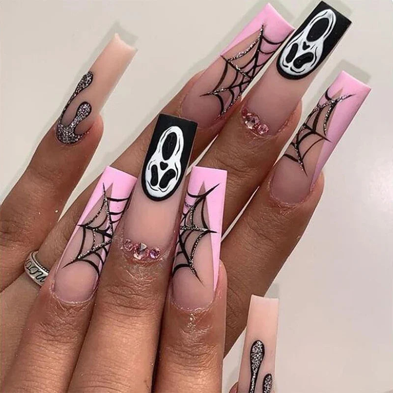 Ghostly Almond Halloween Nail Art-1