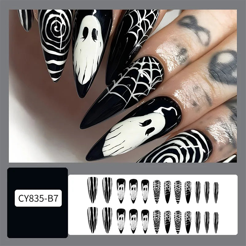 Ghostly Almond Halloween Nail Art-7