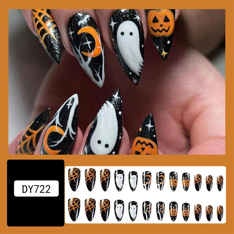 Ghostly Almond Halloween Nail Art-11